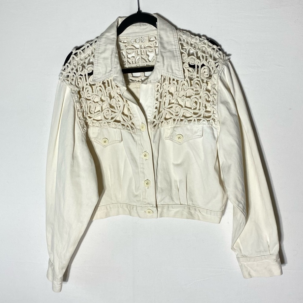 Vintage Cache Cream Oversized Cropped Denim Jean Jacket W Crochet Lace Shoulders - Picture 16 of 16